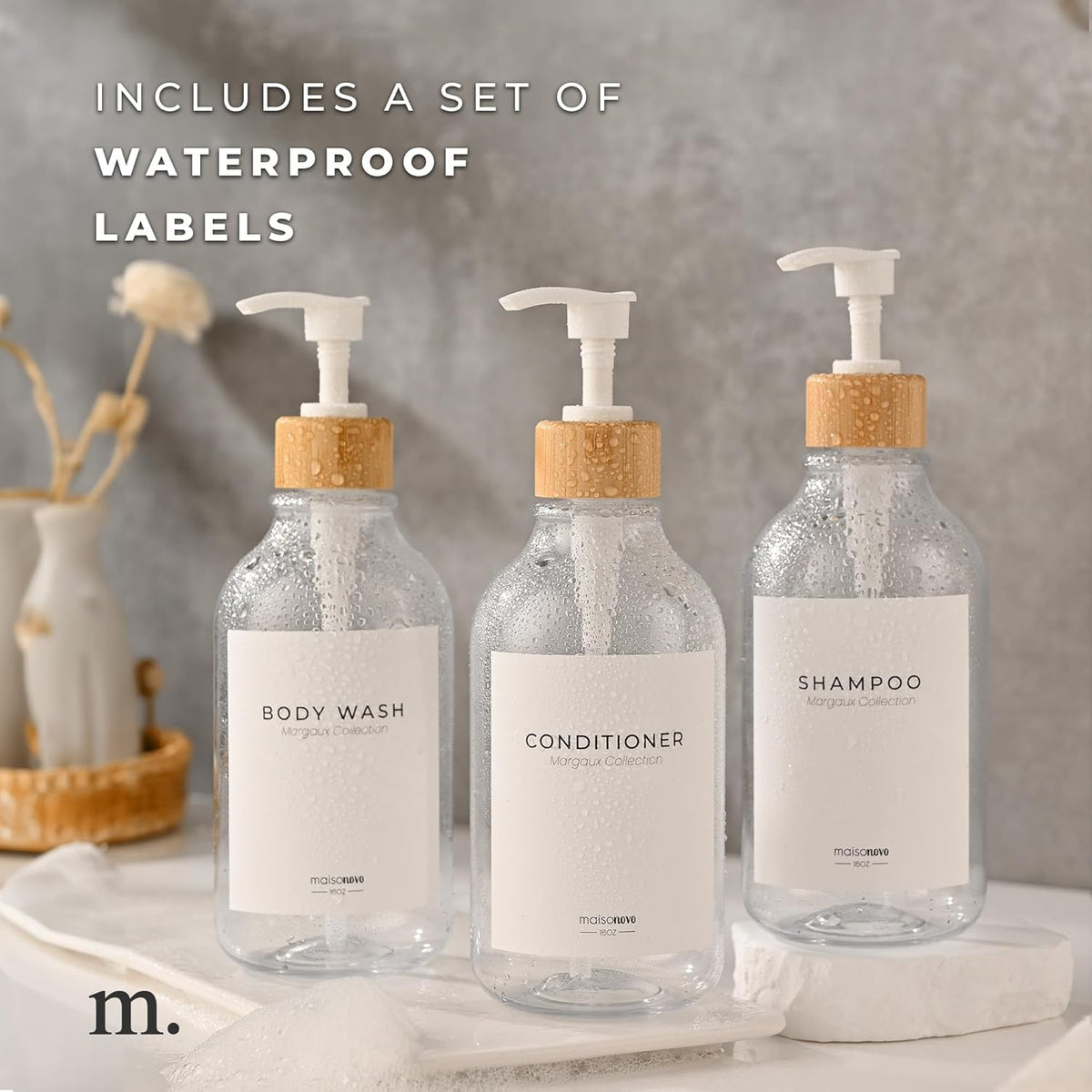 MaisoNovo Refillable Shampoo and Conditioner Bottles | 16.9 fl oz Set of 3 Clear Plastic Bottles