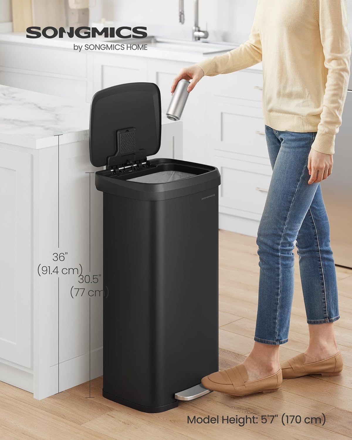 SONGMICS Kitchen Trash Can, 18-Gallon Stainless Steel Garbage Can, with Stay-Open Lid and Step-on