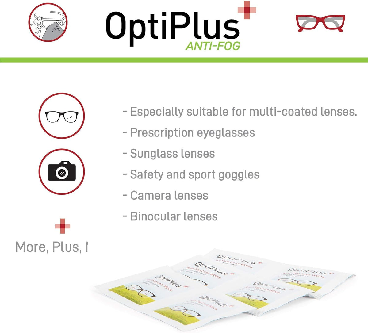 OptiPlus Anti Fog Pre-Moistened Cleaning Wipes for Glasses, Screens, Lenses - Quick-Dry
