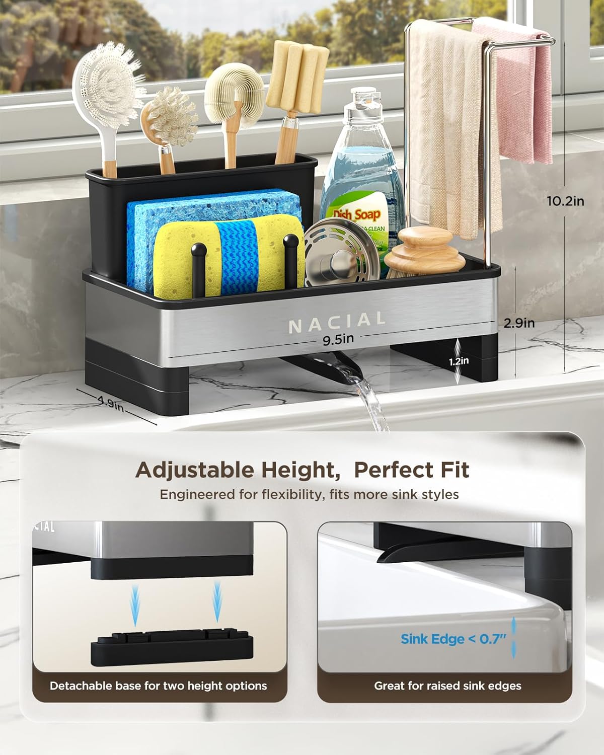 Nacial Kitchen Sink Caddy Organzier with High Brush Holder, Sponge Holder for Kitchen Sink with Two