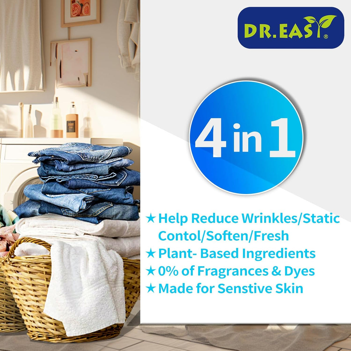 DR.EASY Dryer Sheets Plant Based Formula 252 Ct Fabric Softener sheets for Laundry Free & Clear