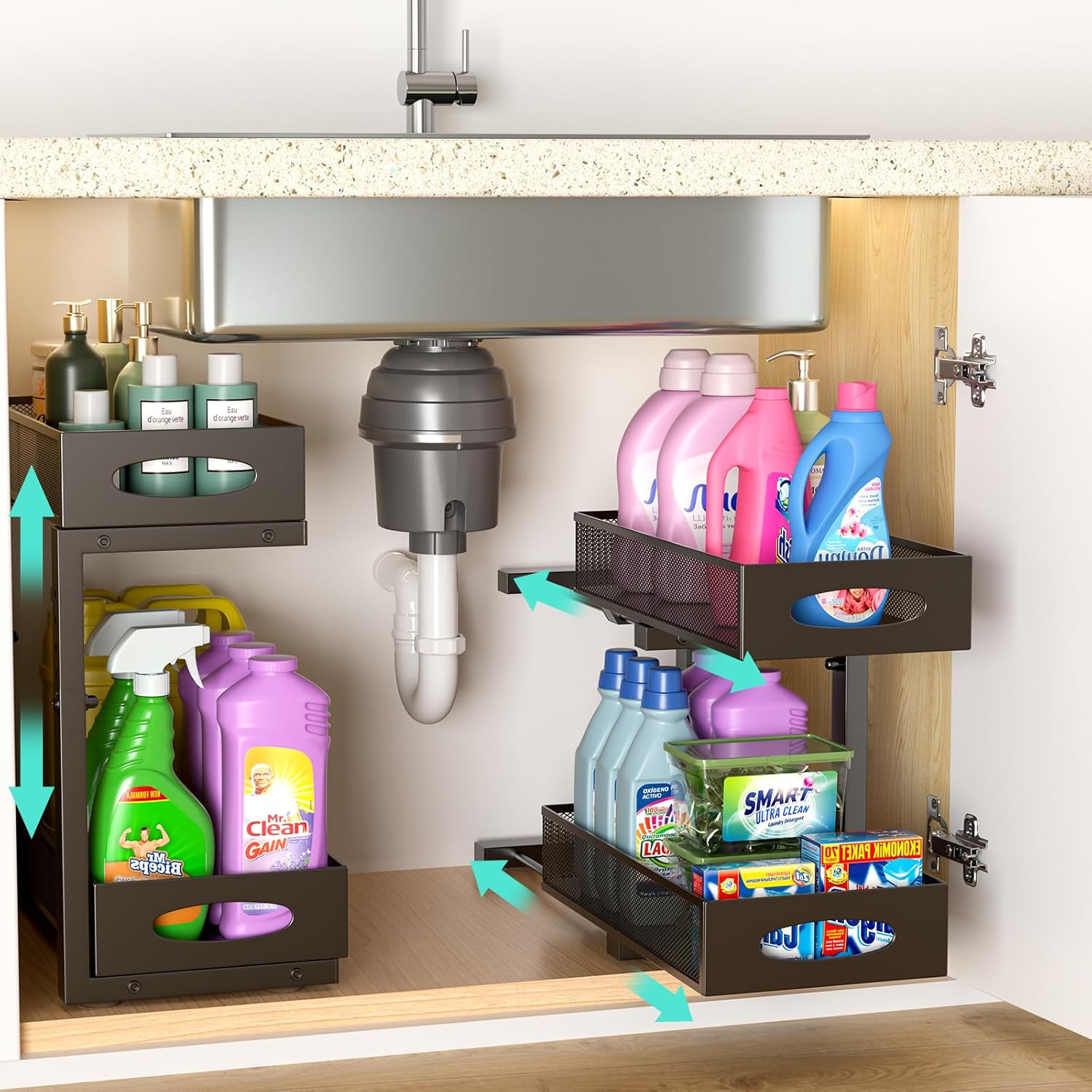 Under Sink Organizer, 2-Pack of 2-Tier Metal Slide Out Pull Out Cabinet Organizer Shelf, Height