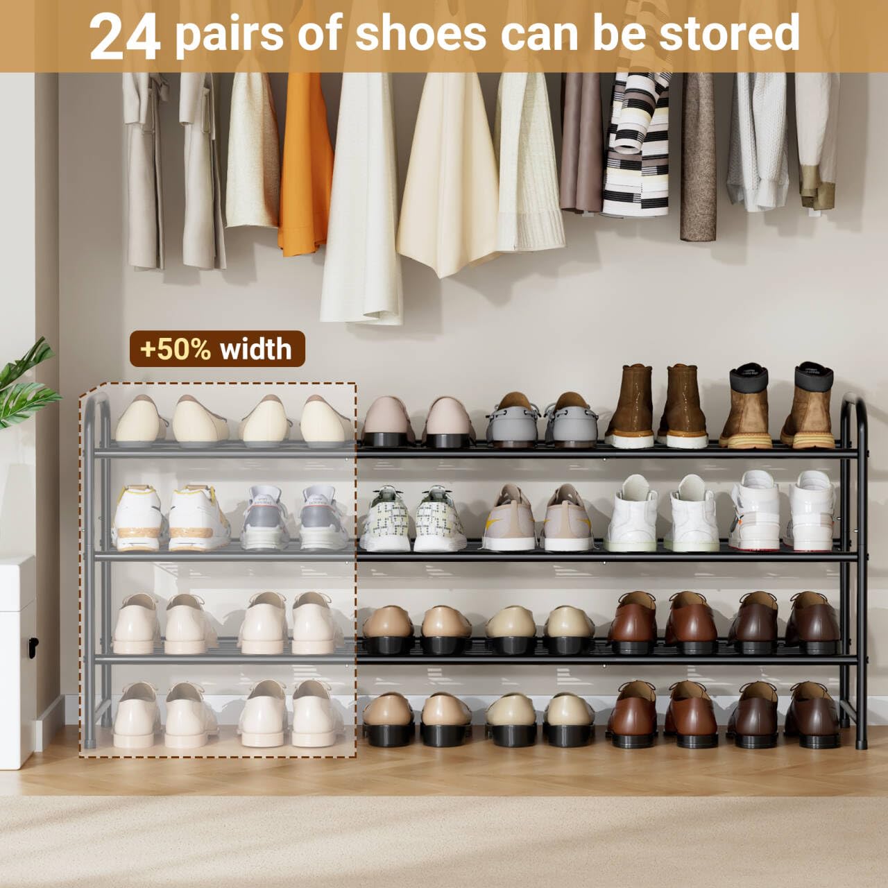 KEETDY 3-Tier Long Shoe Rack for Closet Metal Shoe Organizer for Entryway, Wide Stackable Shoe