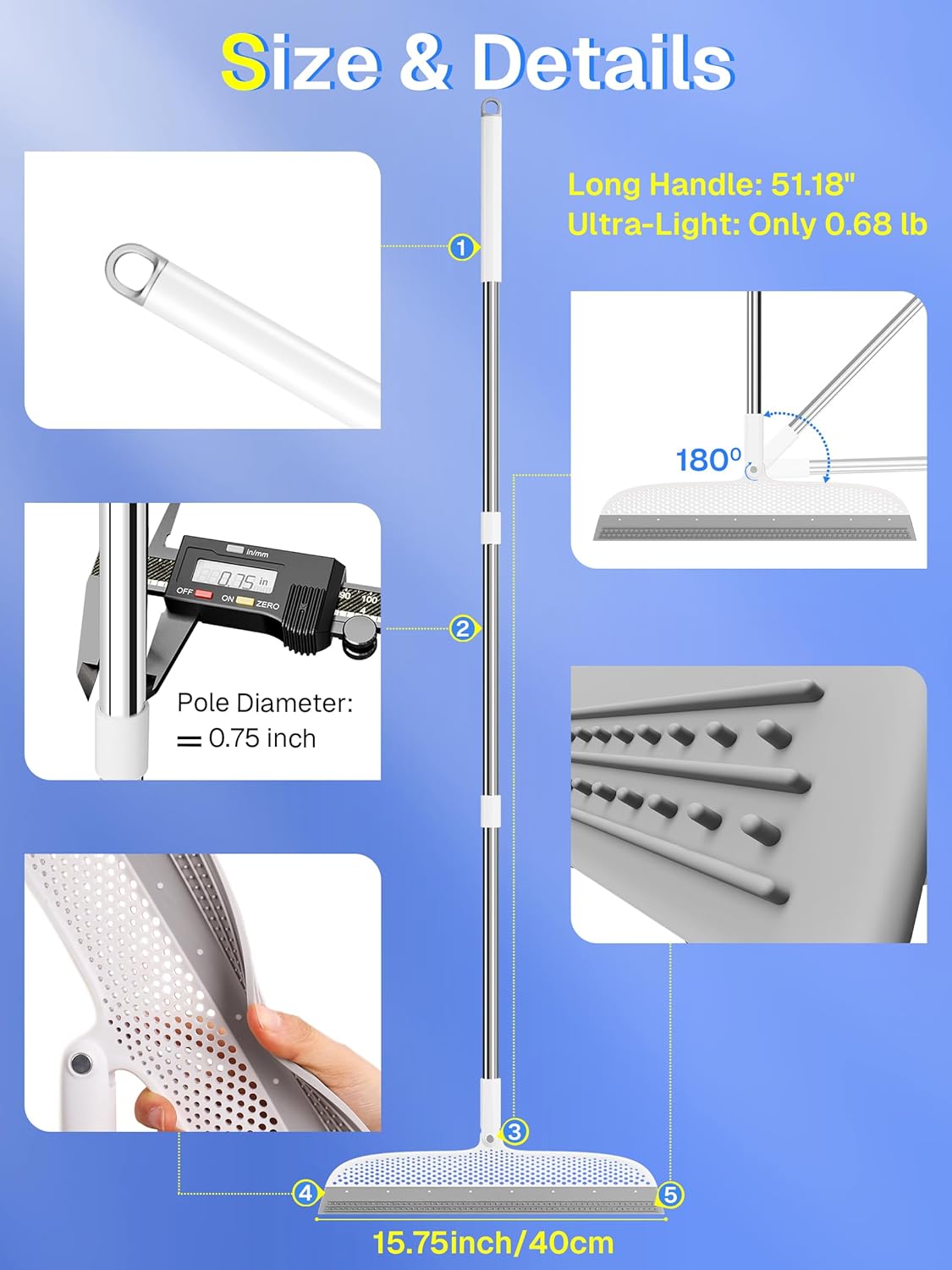 Silicone Floor Squeegee & Broom – Long Handle Hair Remover for Water, Pet Hair – for Bathroom