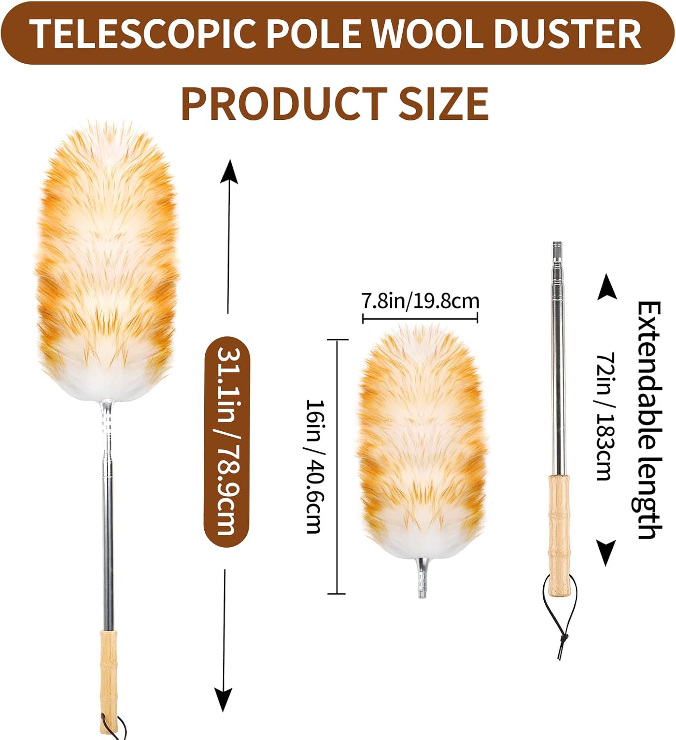Lambswool Duster for Cleaning with Solid Wooden Handle Leather Hang Strap 87.8" Removable
