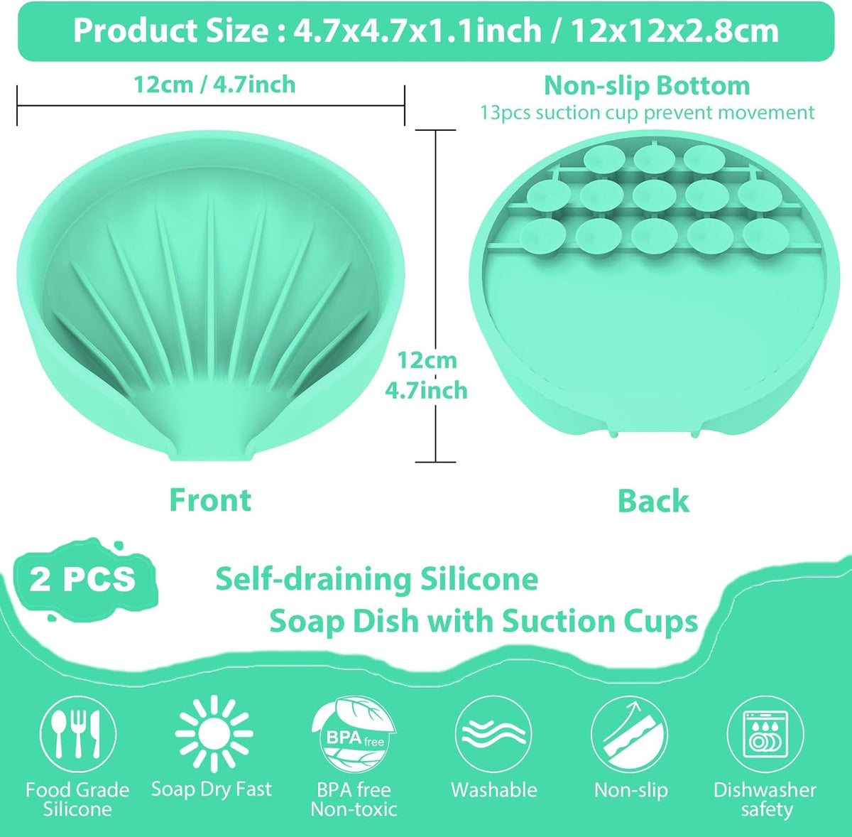 Self Draining Soap Dish, Silicone Suction Cup Soap Holder Tray Savers Container Sponge Holder for