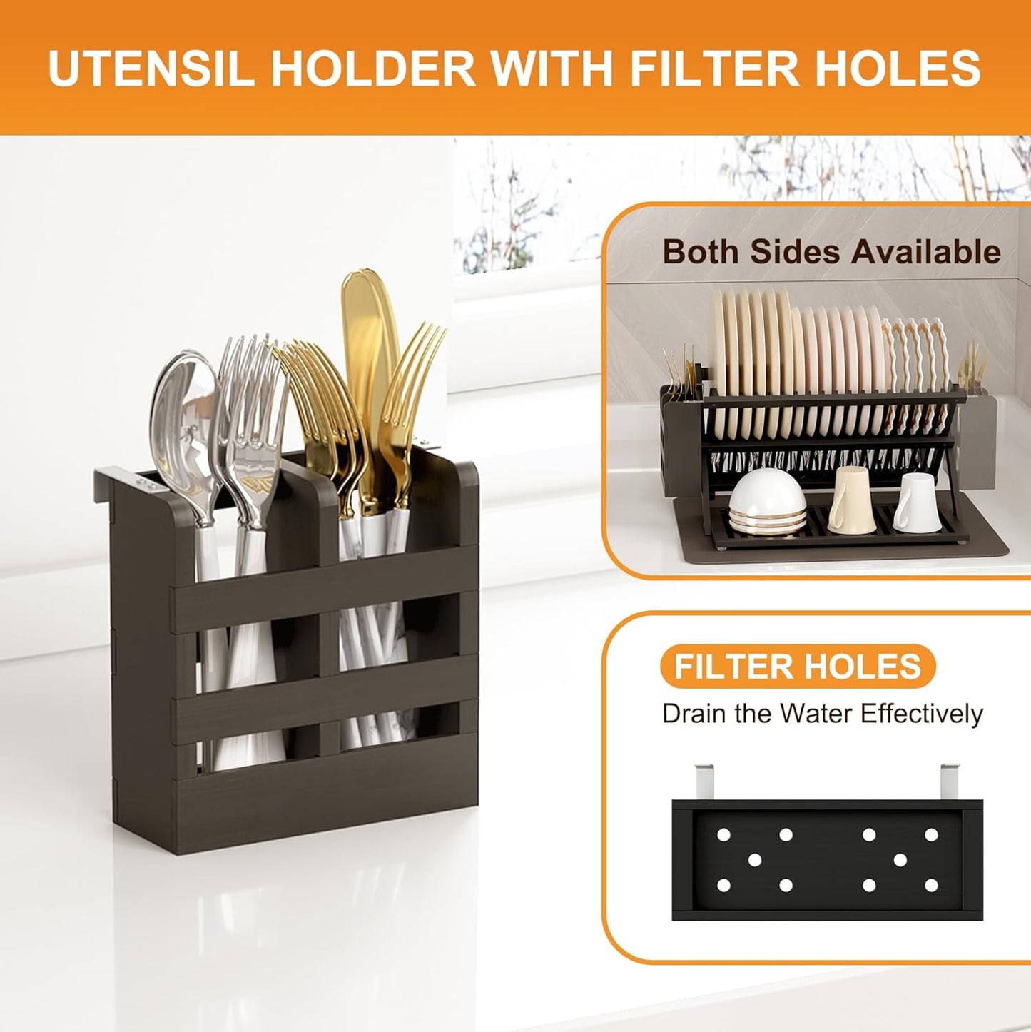 Greenual Black Bamboo Dish Drying Rack with Utensil Holder, 3 Tier Collapsible Dish Rack, Wooden
