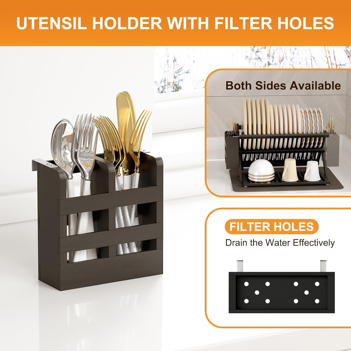 Greenual Black Bamboo Dish Drying Rack with Utensil Holder, 3 Tier Collapsible Dish Rack, Wooden