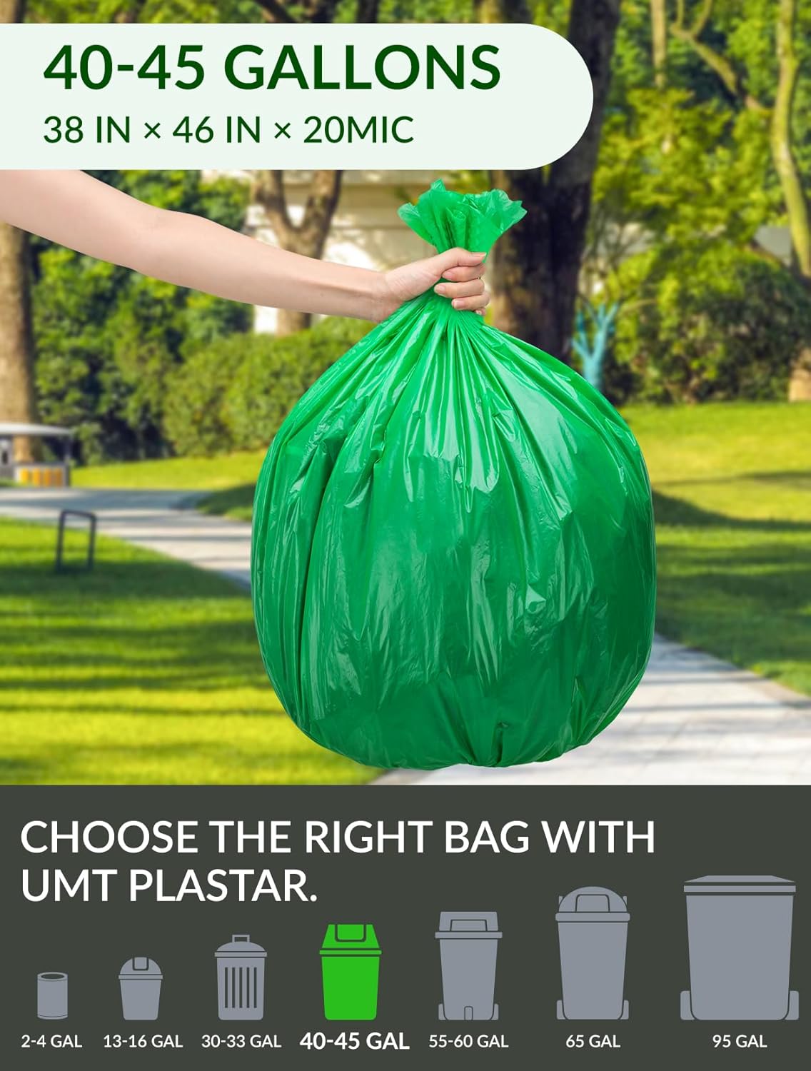 100 Count 100% Biodegradable and Compostable Trash Bags, 40-45 Gallon, 20 Microns, 38x46 Inches