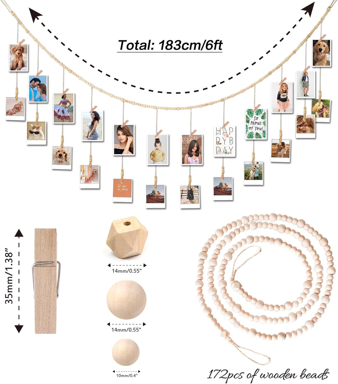 6 Feet Wooden Beads Garland with Clothespins Picture Cards Holder - Country Farmhouse Christmas