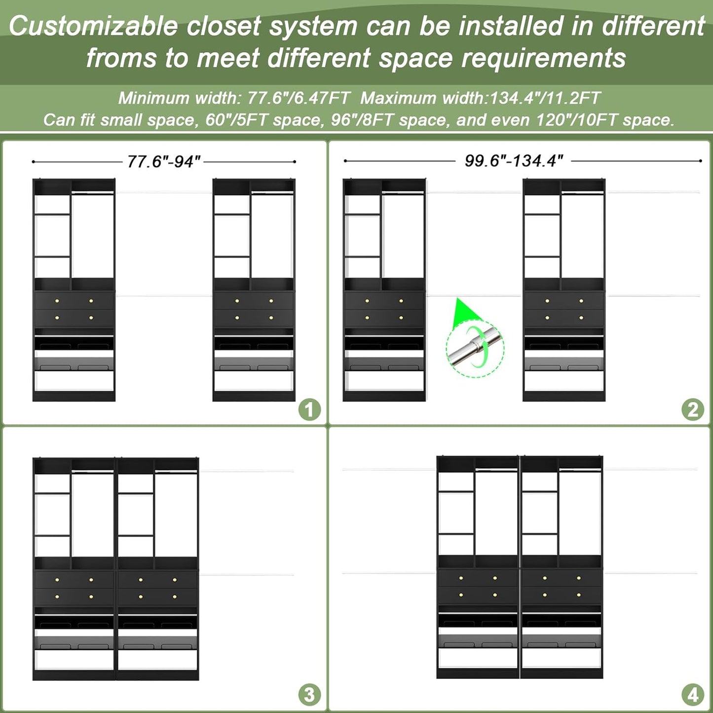 Closet System, Up to 134"/11.2 FT Closet Organizer with 4 Wooden Drawers and Shelves, Walk-in