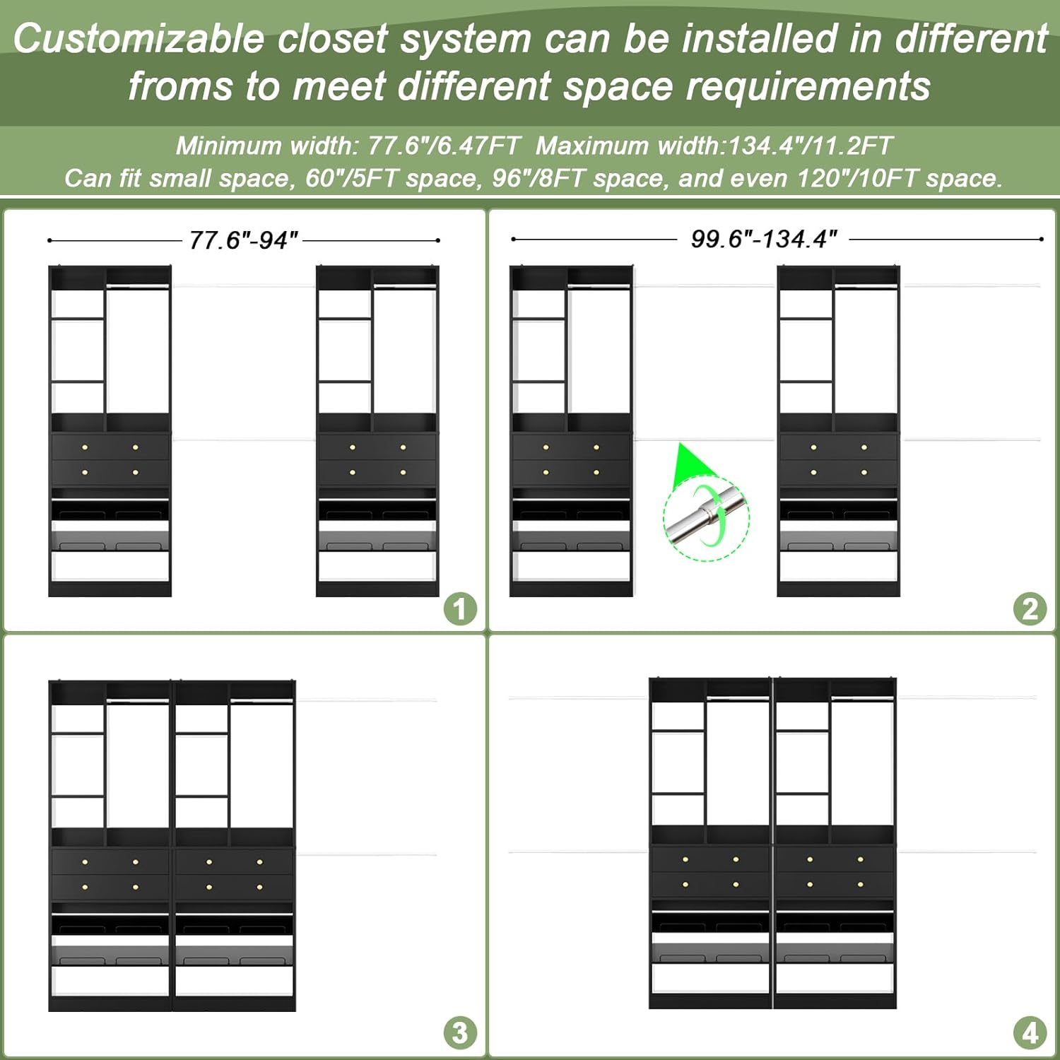 Closet System, Up to 134"/11.2 FT Closet Organizer with 4 Wooden Drawers and Shelves, Walk-in