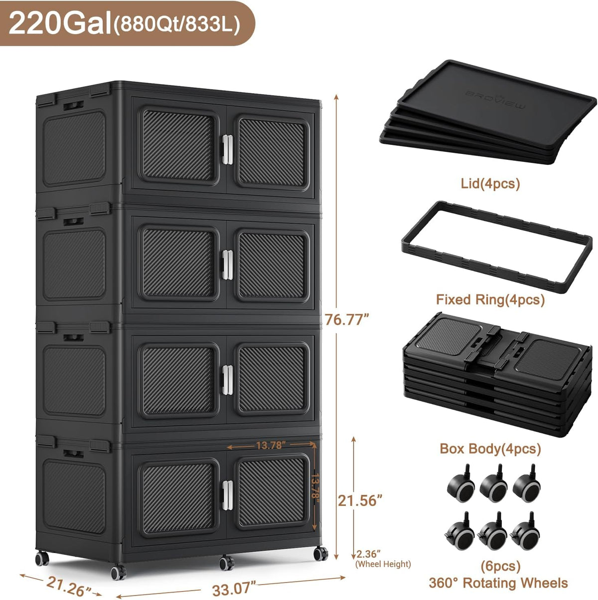 BROVIEW 880 Qt Stackable Storage Bin with Lid, 220Gal Extra Large Collapsible Storage Boxes