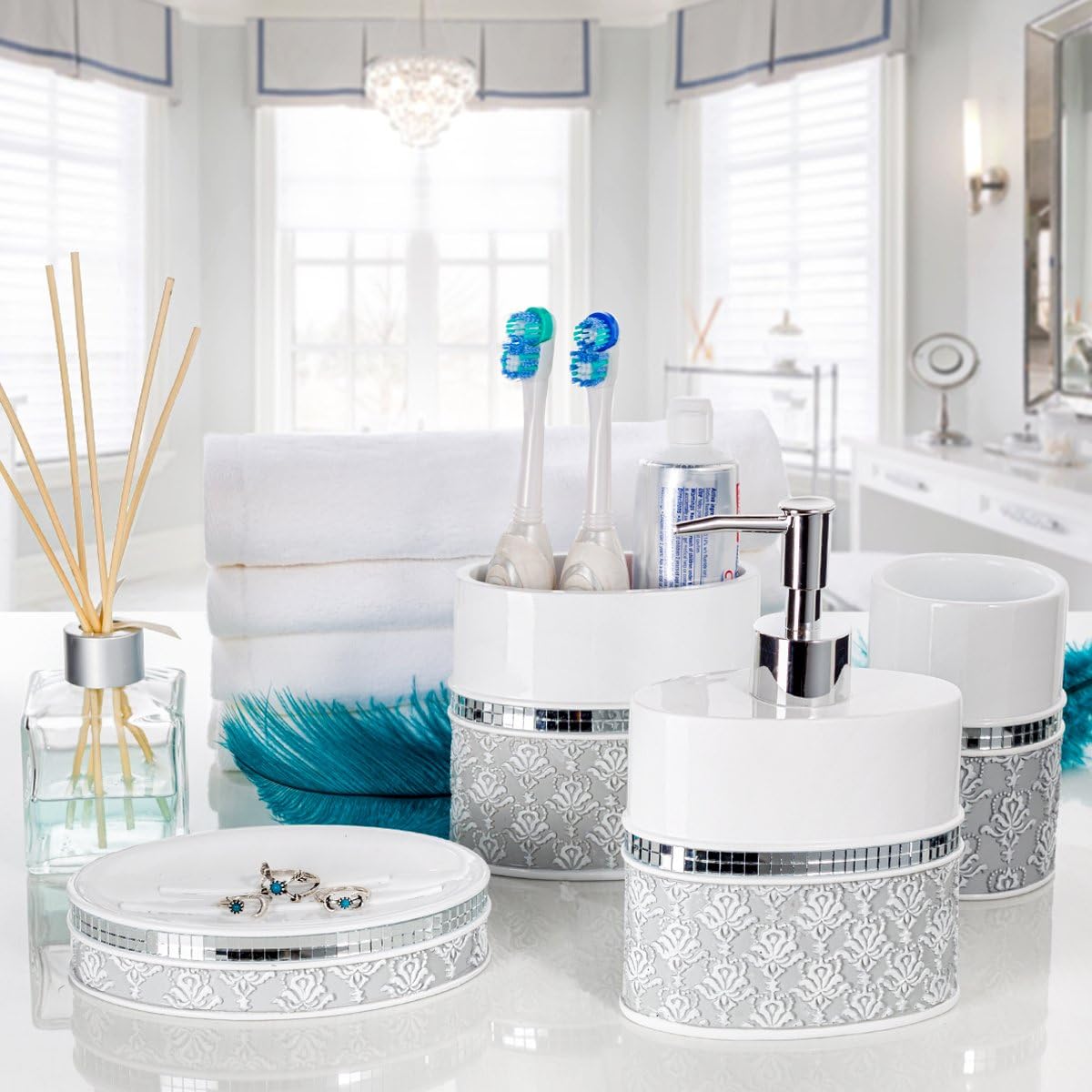 Creative Scents Mirror Damask White and Gray Bathroom Accessories Set - 6 Piece Bathroom Accessory