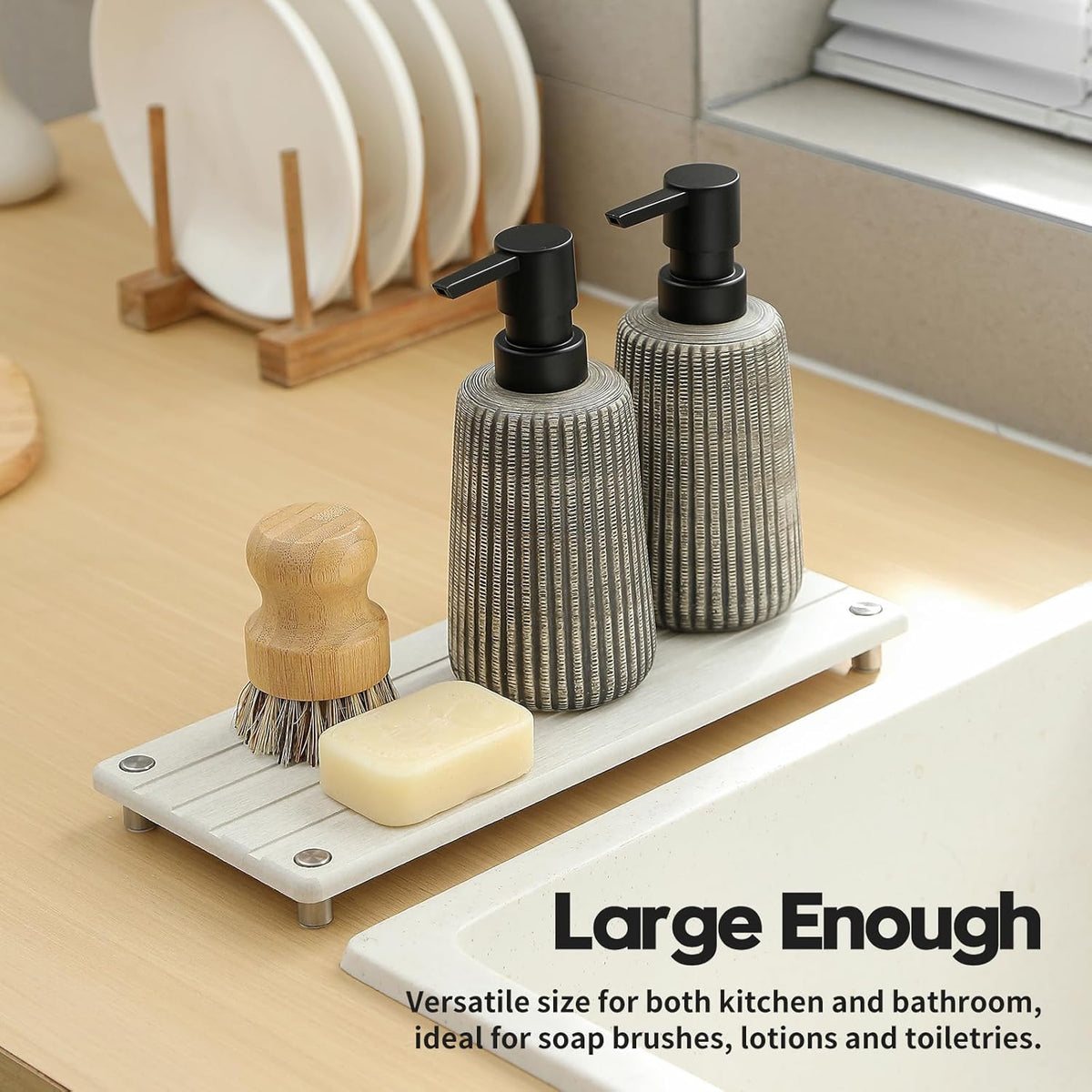 Instant Dry Sink Caddy Kitchen Sink Organizer, Quick Drying Stone Tray Diatomite Sponge Holder Soap