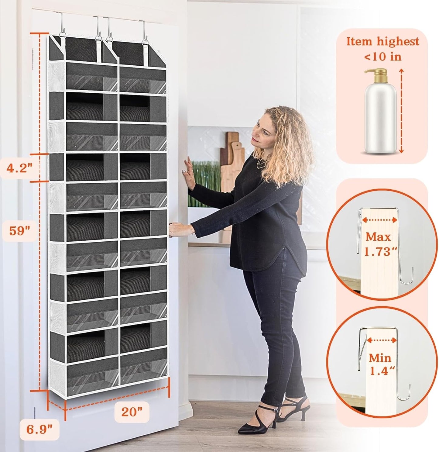 Over the Door Organizer 6 Tiers, Extra Large Behind Door Storage of 12 Compartments, 80 lbs Weight