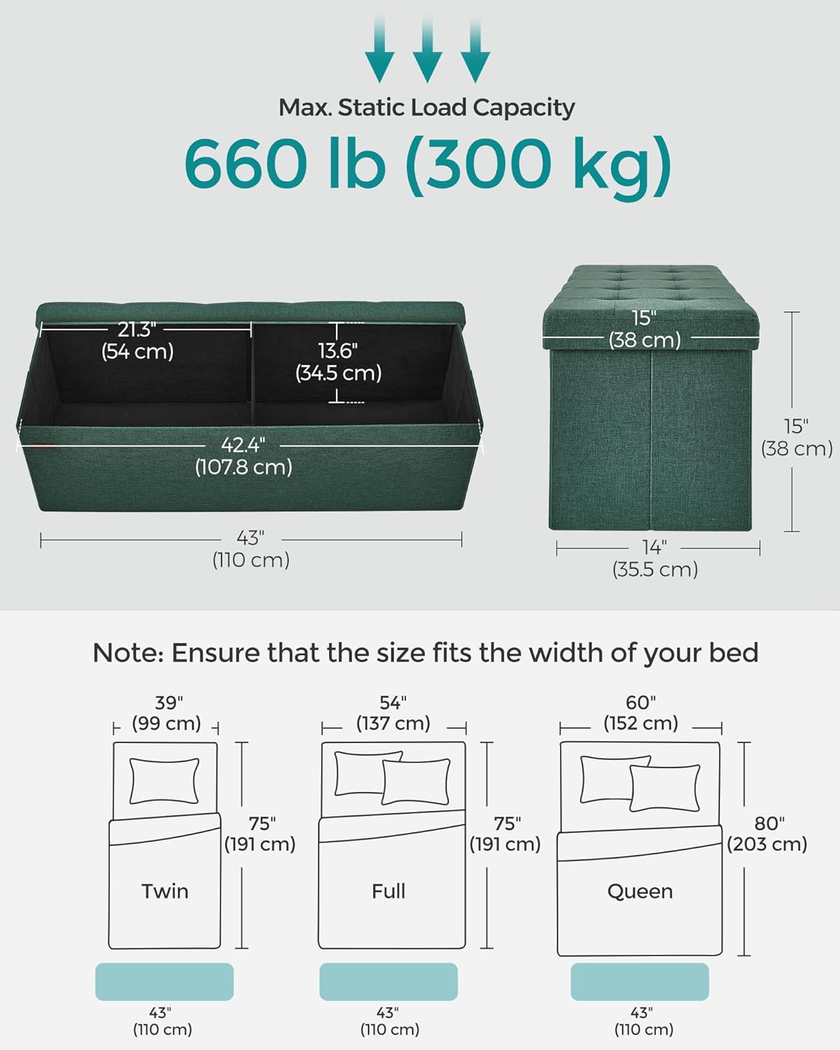 SONGMICS MAZIE Collection - 43 Inches Folding Storage Ottoman Bench, Ottoman Foot Rest, End of Bed