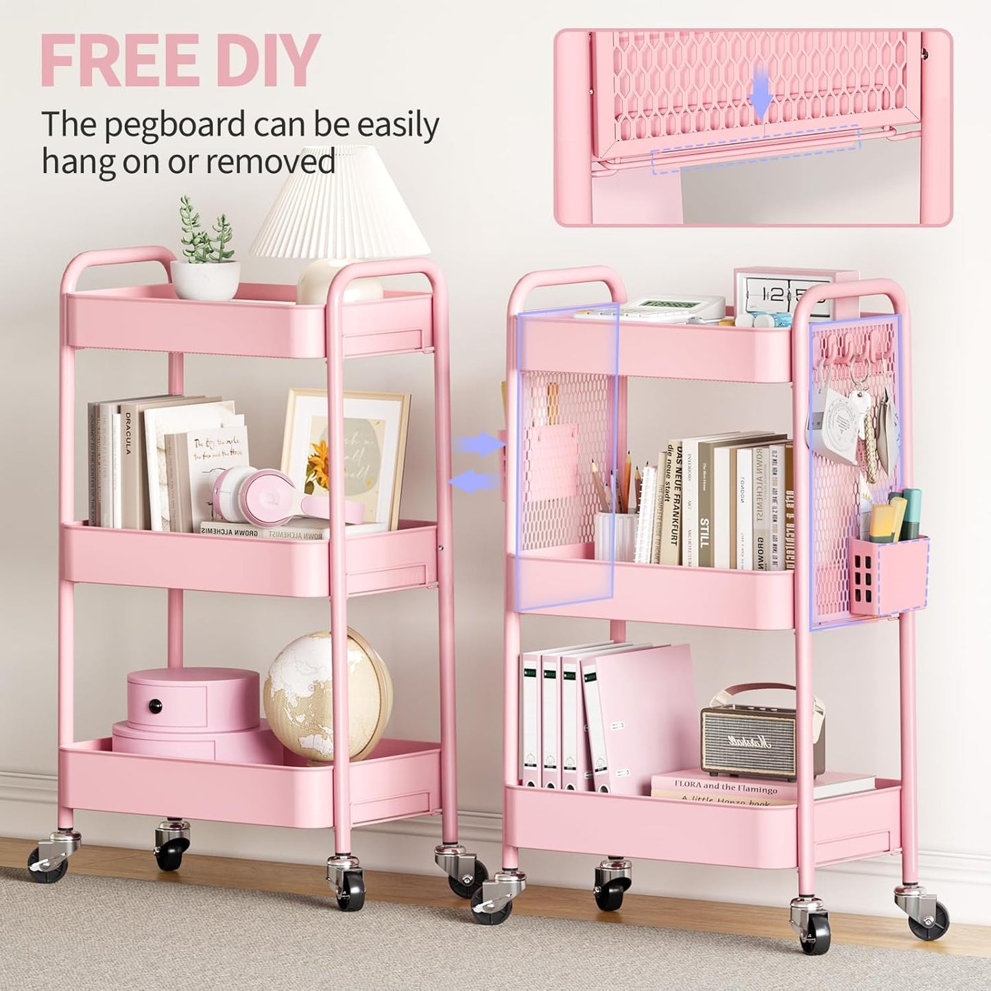 TOOLF 3 Tier Rolling Cart Storage Organizer, Metal Rolling Utility Cart with Wheels, Hooks & Bins