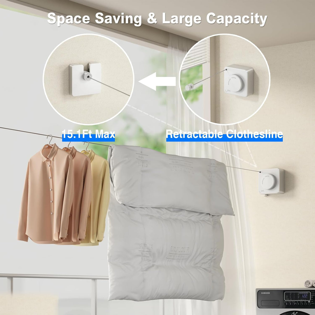 Retractable Clothesline Indoor, Non-Sagging Outdoor Clothes Line Retracting Heavy Duty Clothes