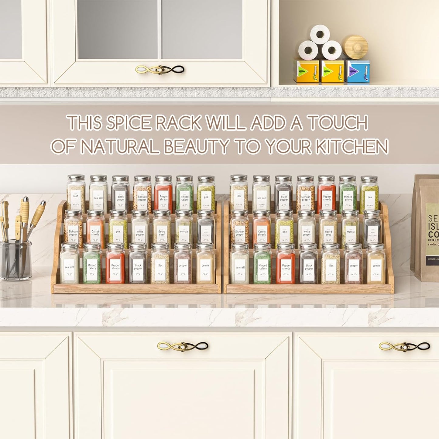 Tiered Spice Rack Organizer for Cabinet, Wooden Spice Rack for Countertop, Spice Shelf organizer