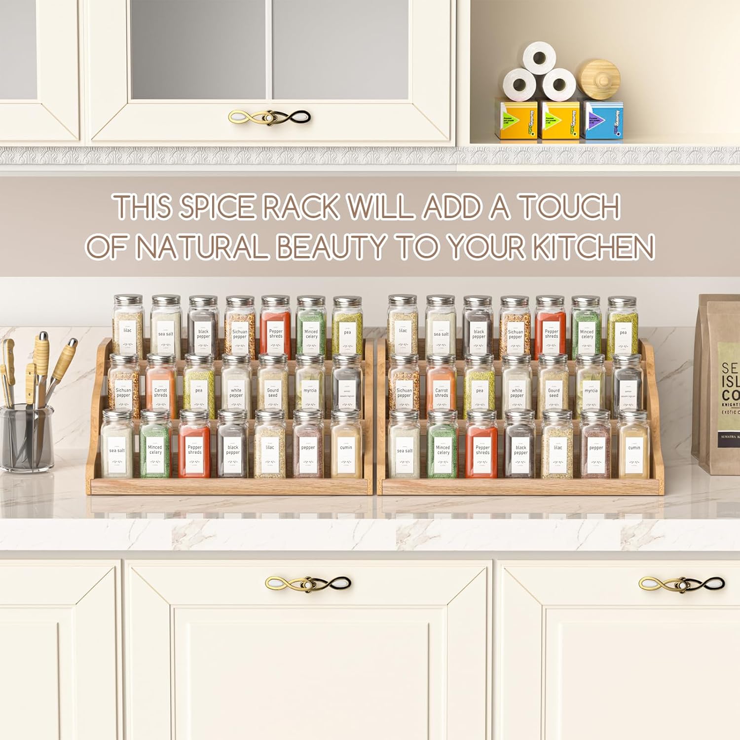 Tiered Spice Rack Organizer for Cabinet, Wooden Spice Rack for Countertop, Spice Shelf organizer