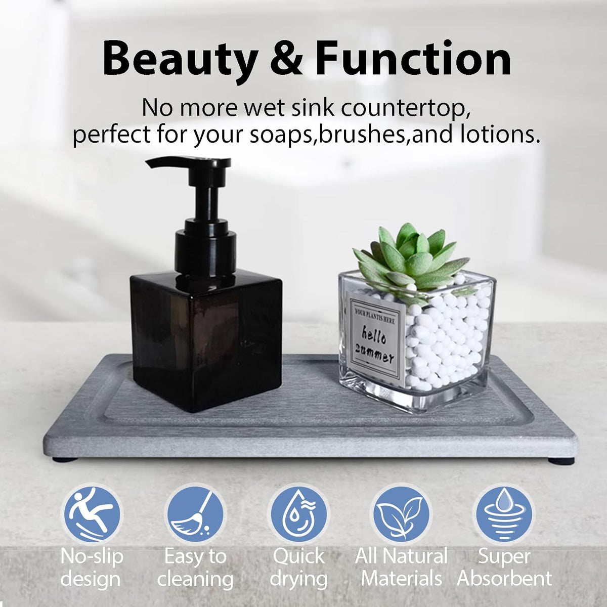 2 PCS Water Absorbing Stone Trays for Bathroom Sink & Kitchen Counter, Fast-Drying Diatomite Sink
