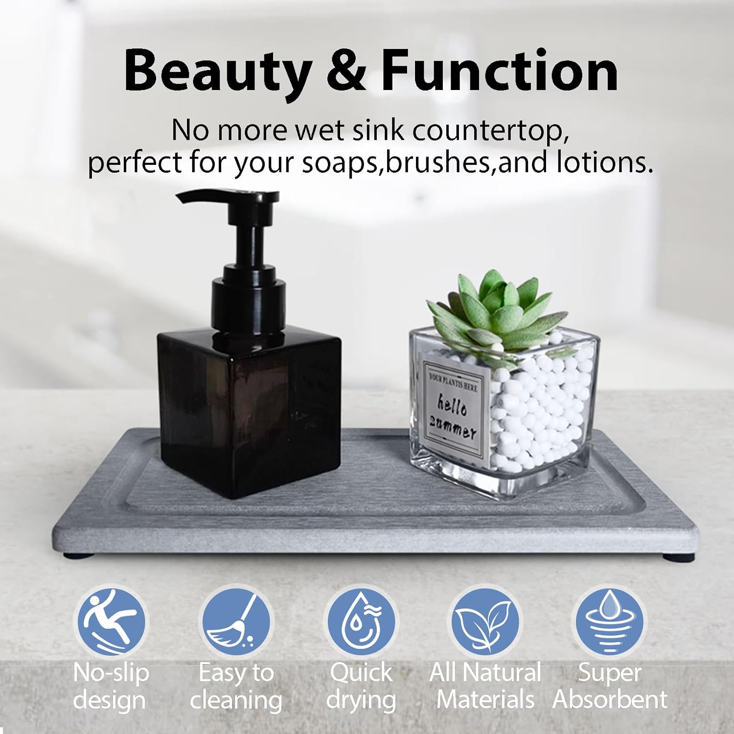 2 PCS Water Absorbing Stone Trays for Bathroom Sink & Kitchen Counter, Fast-Drying Diatomite Sink
