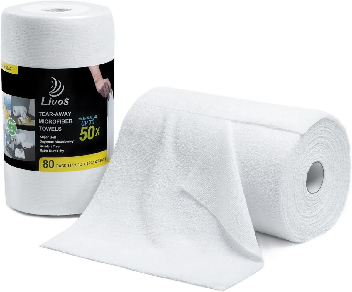 LIVOS Microfiber Cleaning Cloth Roll - 80 Pack, Reusable Paper Towels, White Tear Away, Microfiber