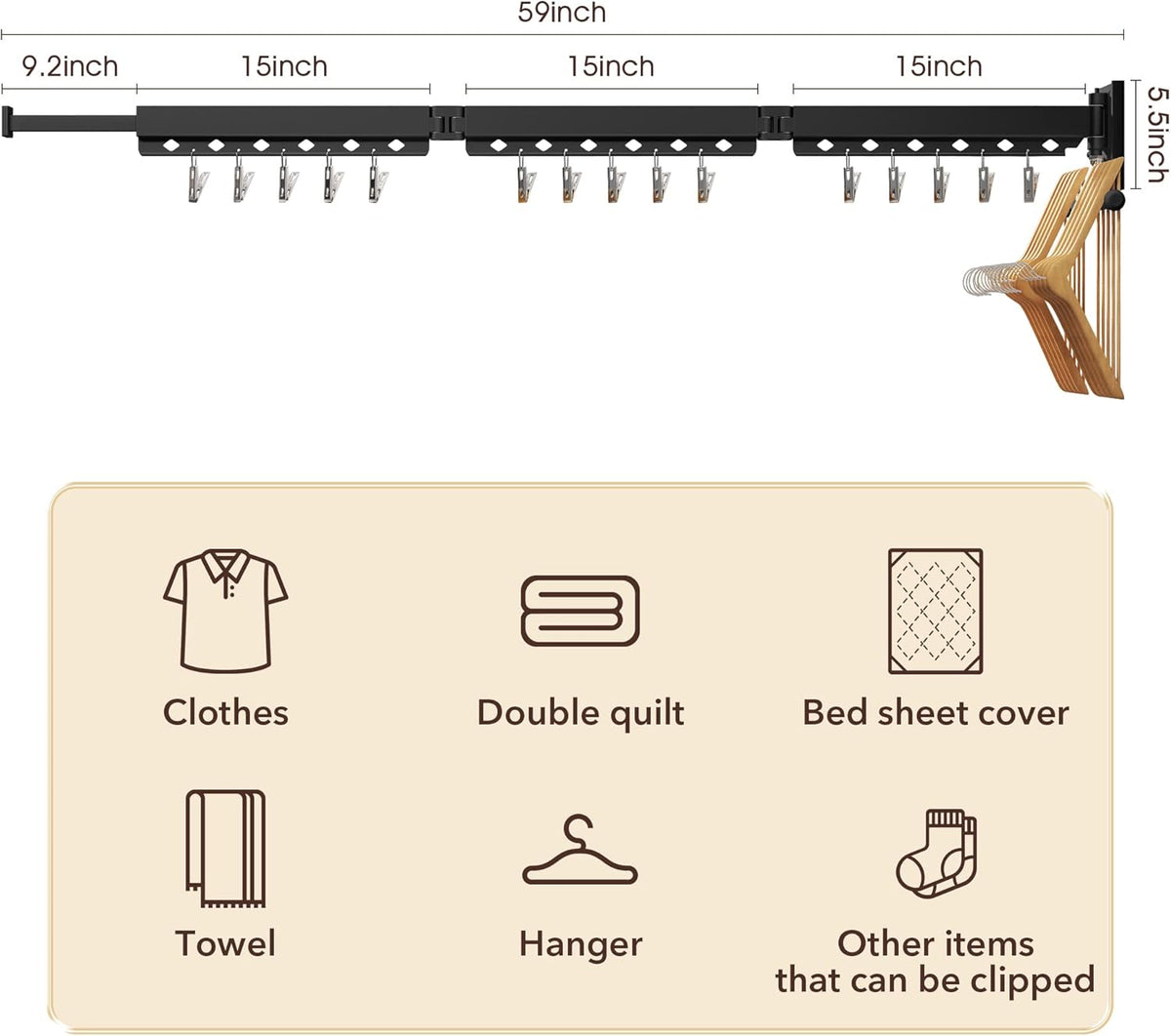 Wall Mounted Clothes Hanger, Aluminum Clothes Drying Rack, Space Saver, Retractable, Windproof
