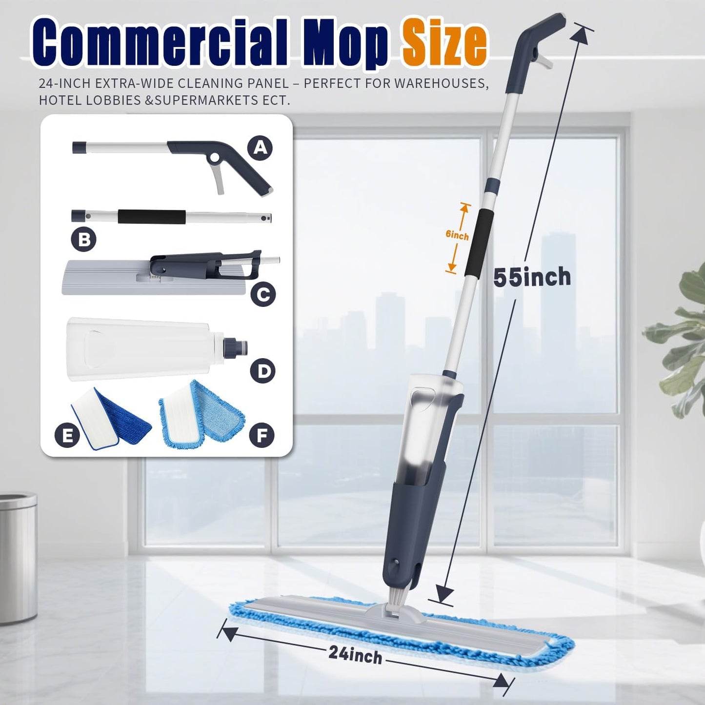 24" Microfiber mop for Floor Cleaning System, Commercial Heavy-Duty Wet Dry mops with Spray Mode