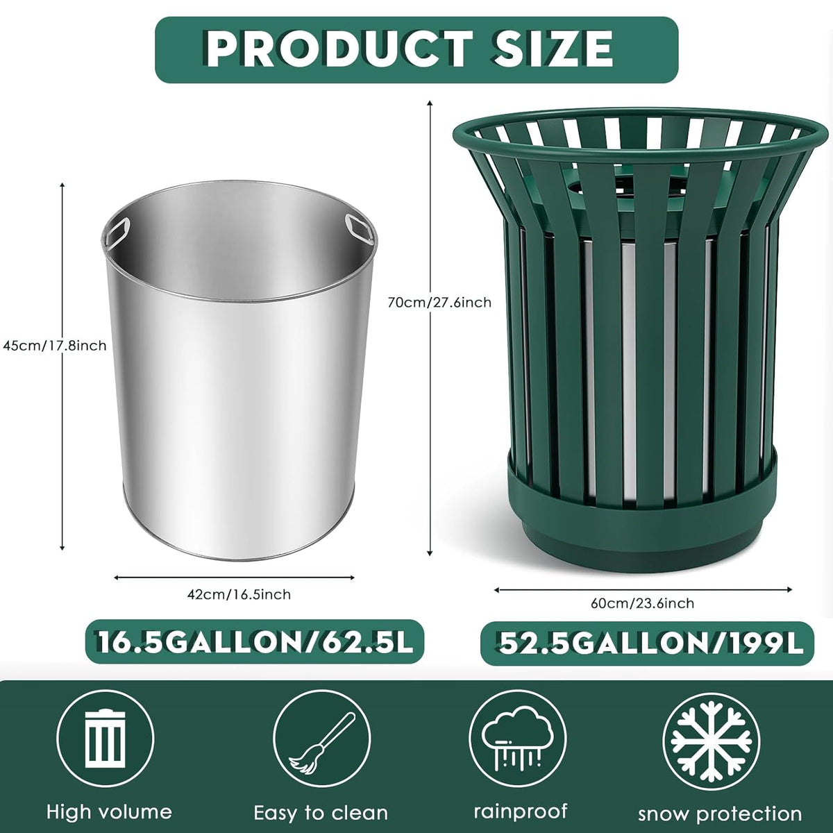 Round Heavy Duty Outdoor Trash Can, Large Metal Slatted Garbage Can for All Weather Resistant