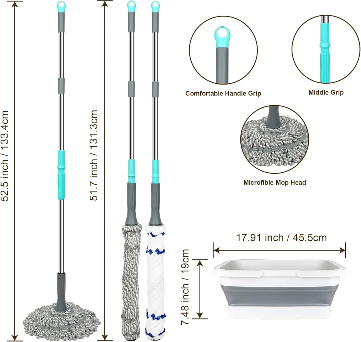 Self Wringing Mop with Bucket- Easy Squeeze Twist Mop with 52.5 Inch Long Handle, Heavy Duty for