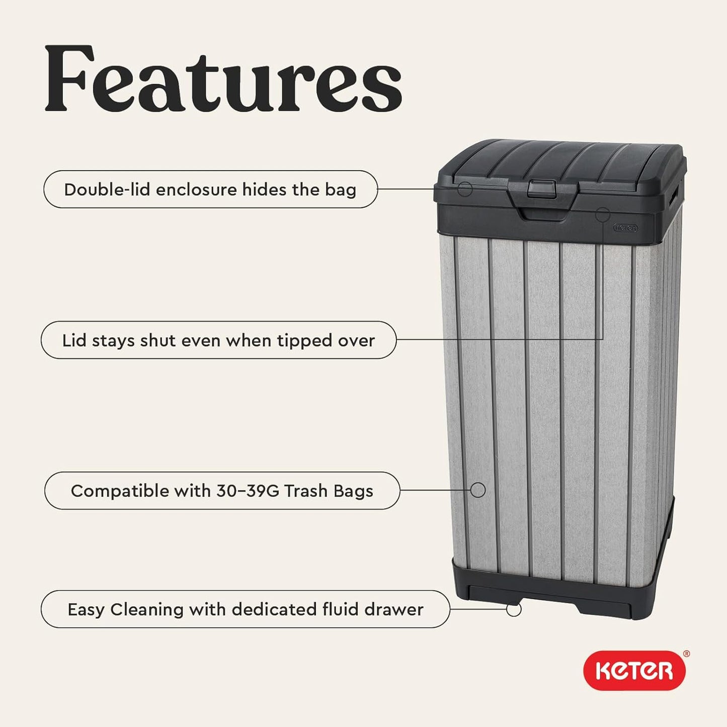 Keter Rockford Resin 38 Gallon Outdoor Kitchen Trash Can with Lid and Drip Tray for Easy