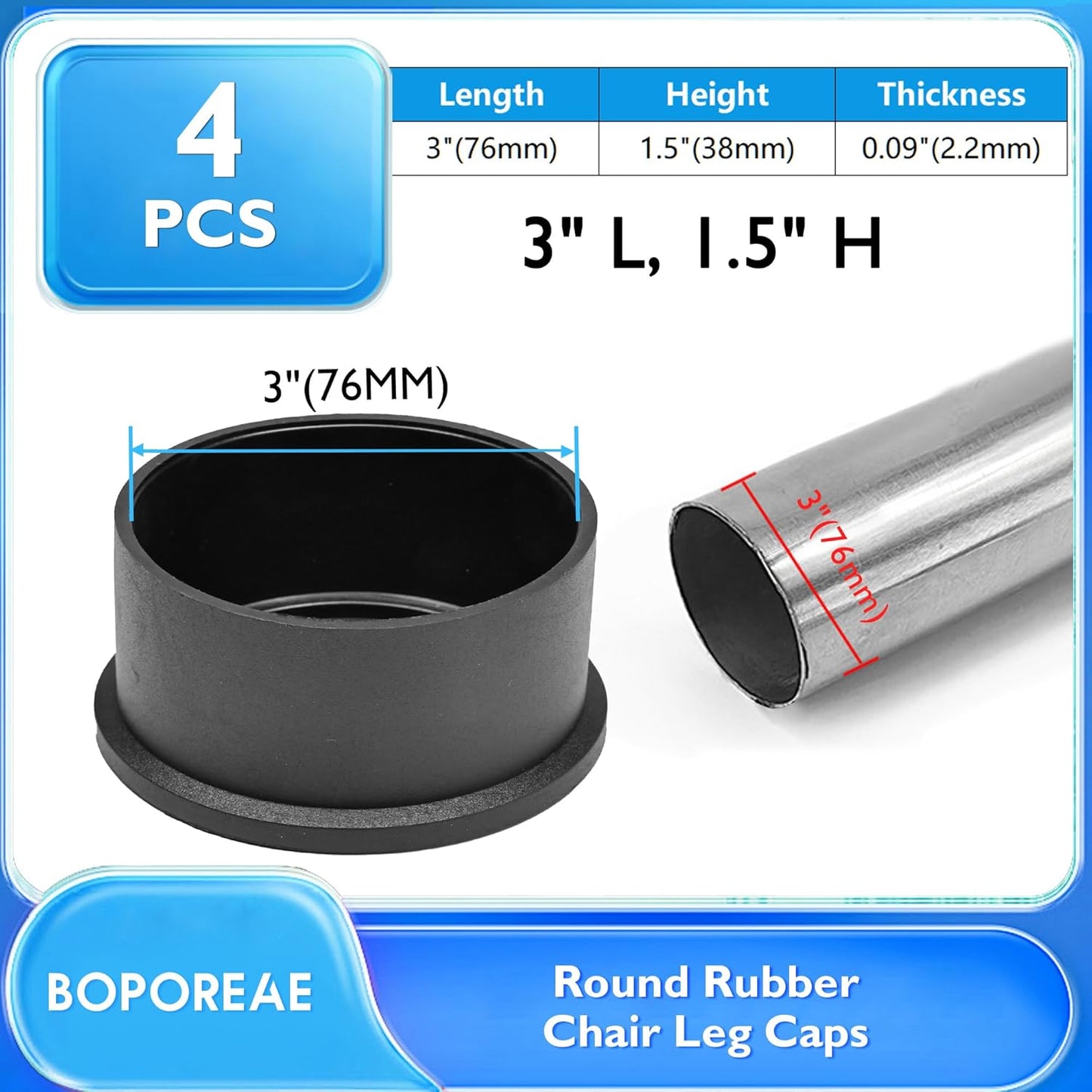 4 Pcs 3" Round Rubber Chair Leg Caps, PVC Table Leg Covers, Flexible & Anti-Slip Furniture Leg End