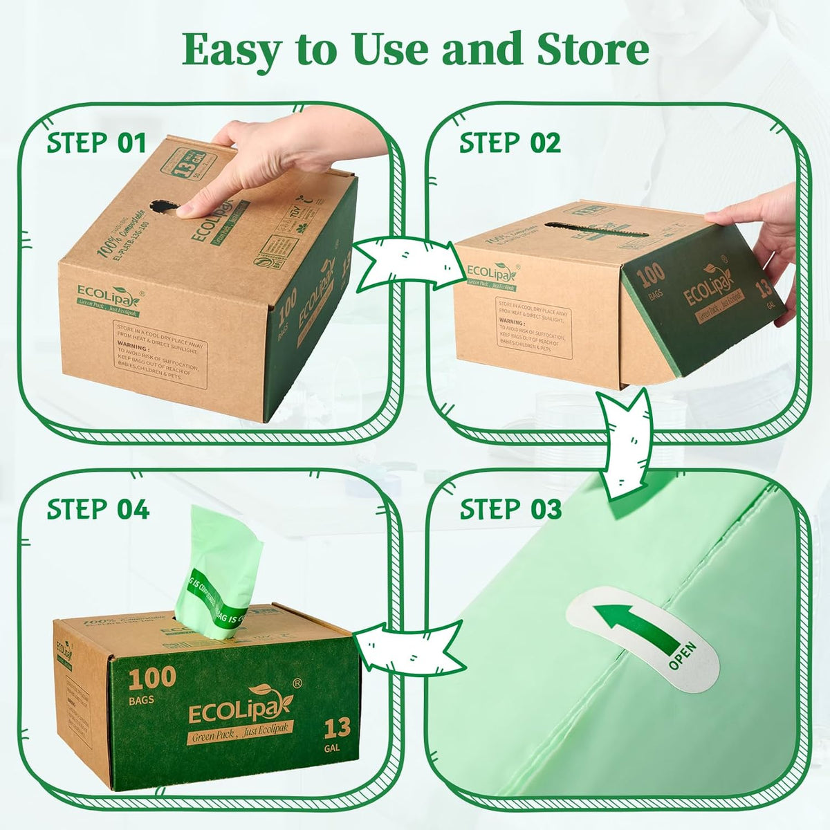 ECOLipak 13 Gallon Compostable Trash Garbage Bags, 100 Count (2 Rolls) Biodegradable Heavy Duty