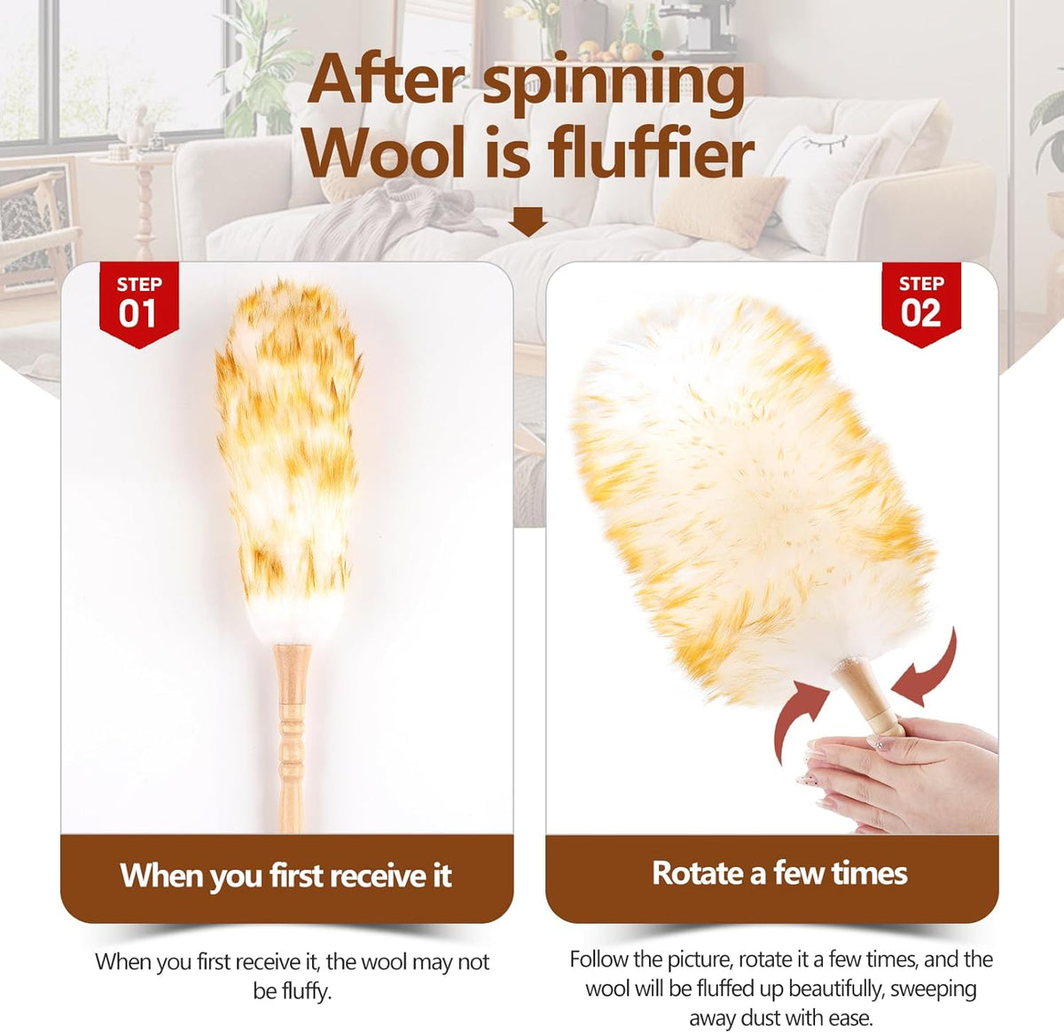 Lambswool Duster for Cleaning with Solid Wooden Handle Leather Hang Strap 19.6 inch Natural Feather