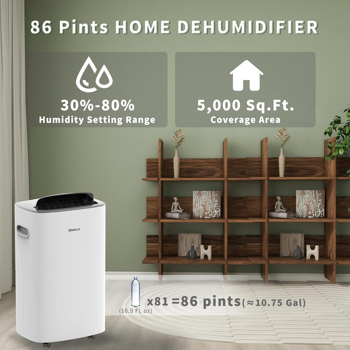 Shinco 86 Pints Dehumidifier for Home and Basements, 5000 Sq.Ft Dehumidifiers with Drain Hose, Auto