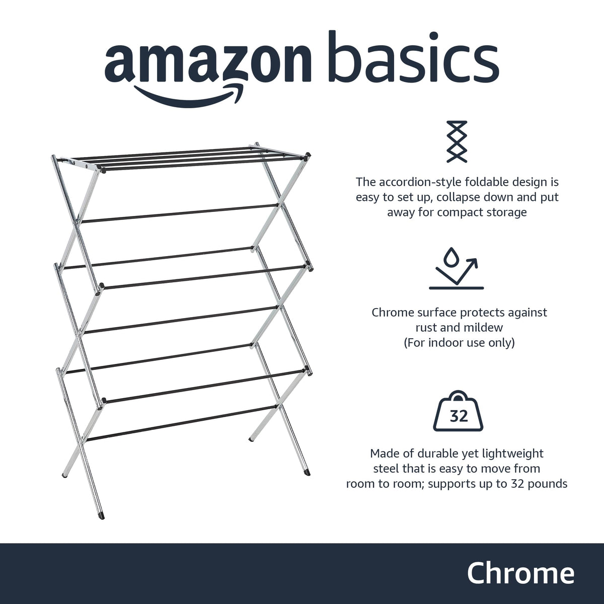 Amazon Basics Foldable Portable Metal Clothes Drying Rack for Indoor Air Drying, Energy Saving