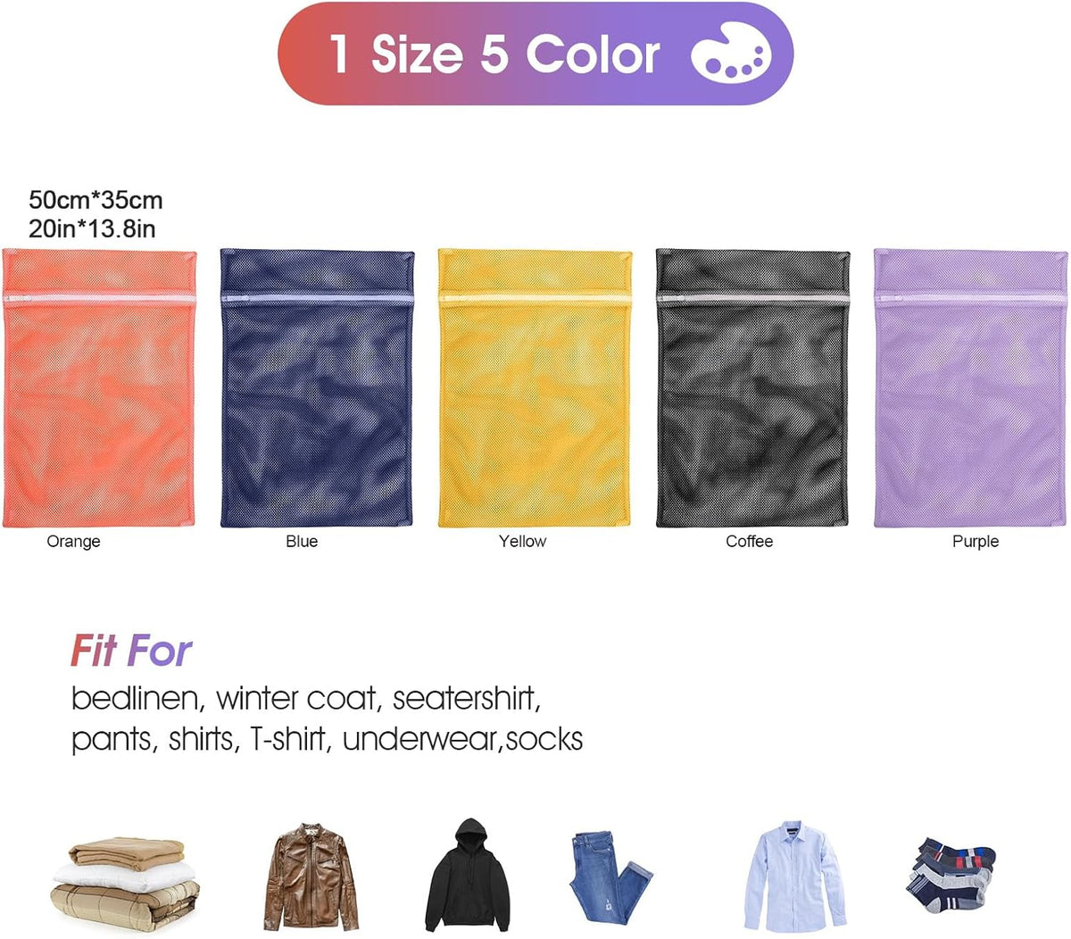 5Pcs Mesh Laundry Bags Sturdy for Delicates, Lingerie, Bras, Travel and Organize - 5 Color(14x20