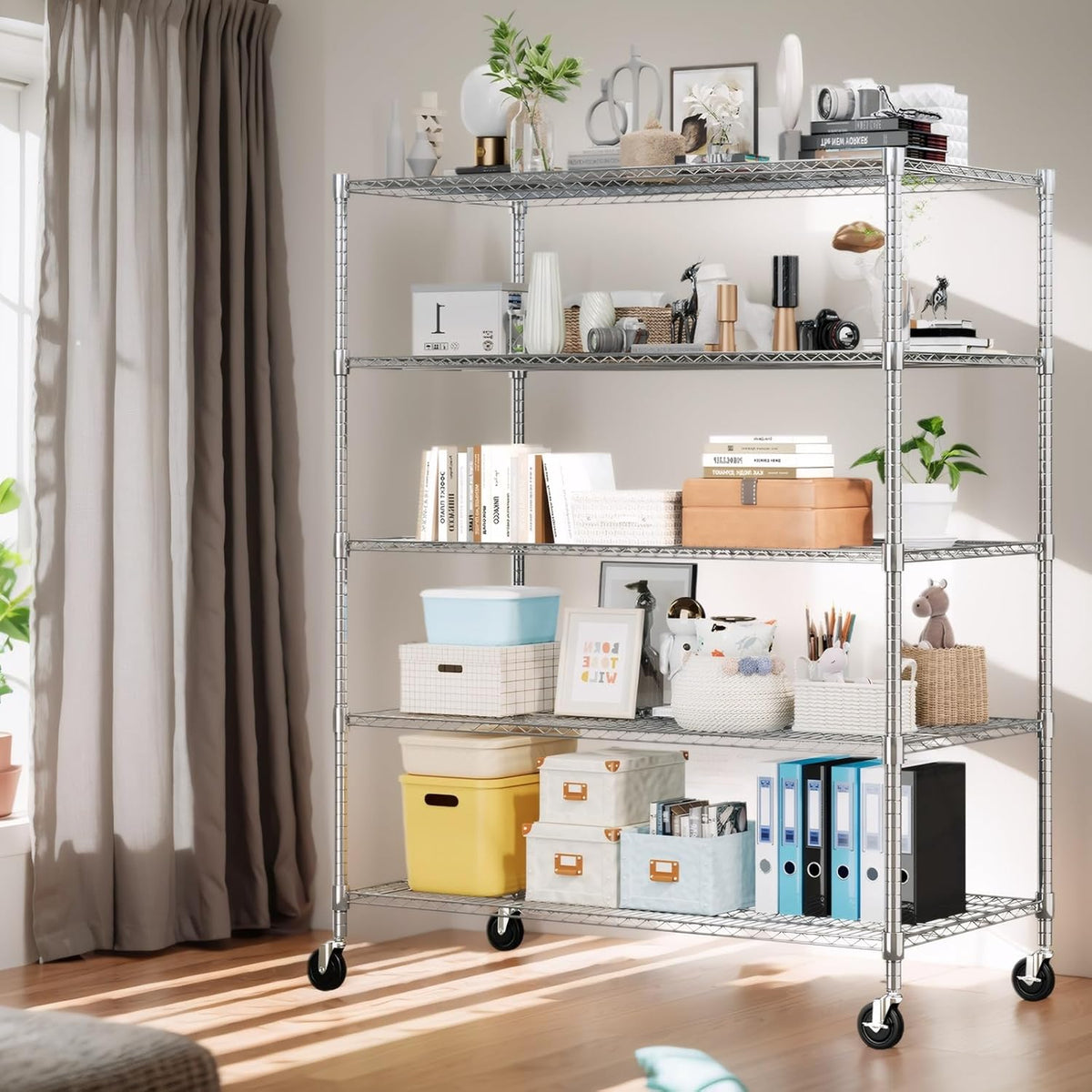 Himimi 5 Tier Wire Shelving with Wheels Heavy Duty Height Adjustable Metal Shelves for Storage