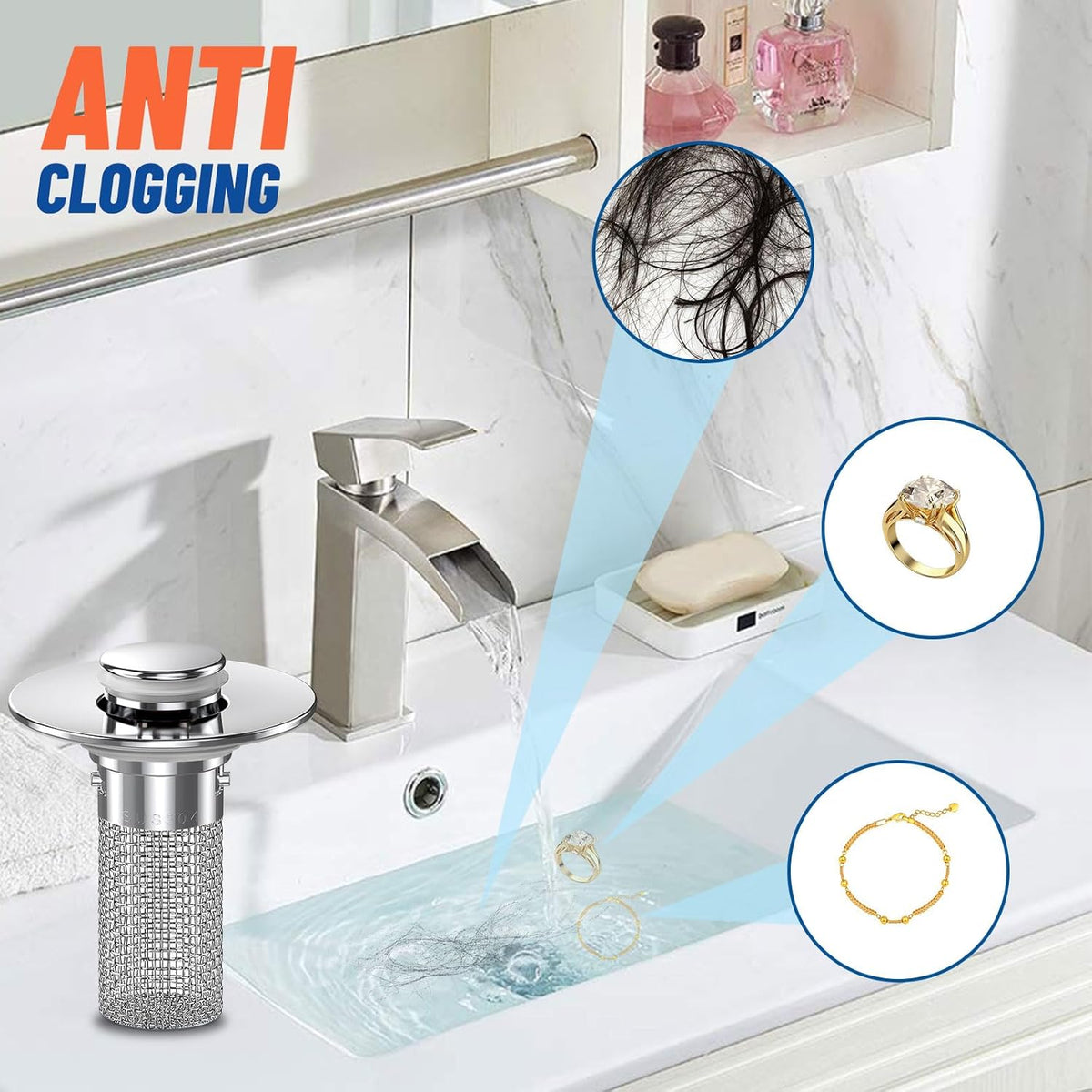 2PC Bathroom Sink Stopper Hair Catcher, Pop Up Sink Drain Filter with Removable Stainless Steel