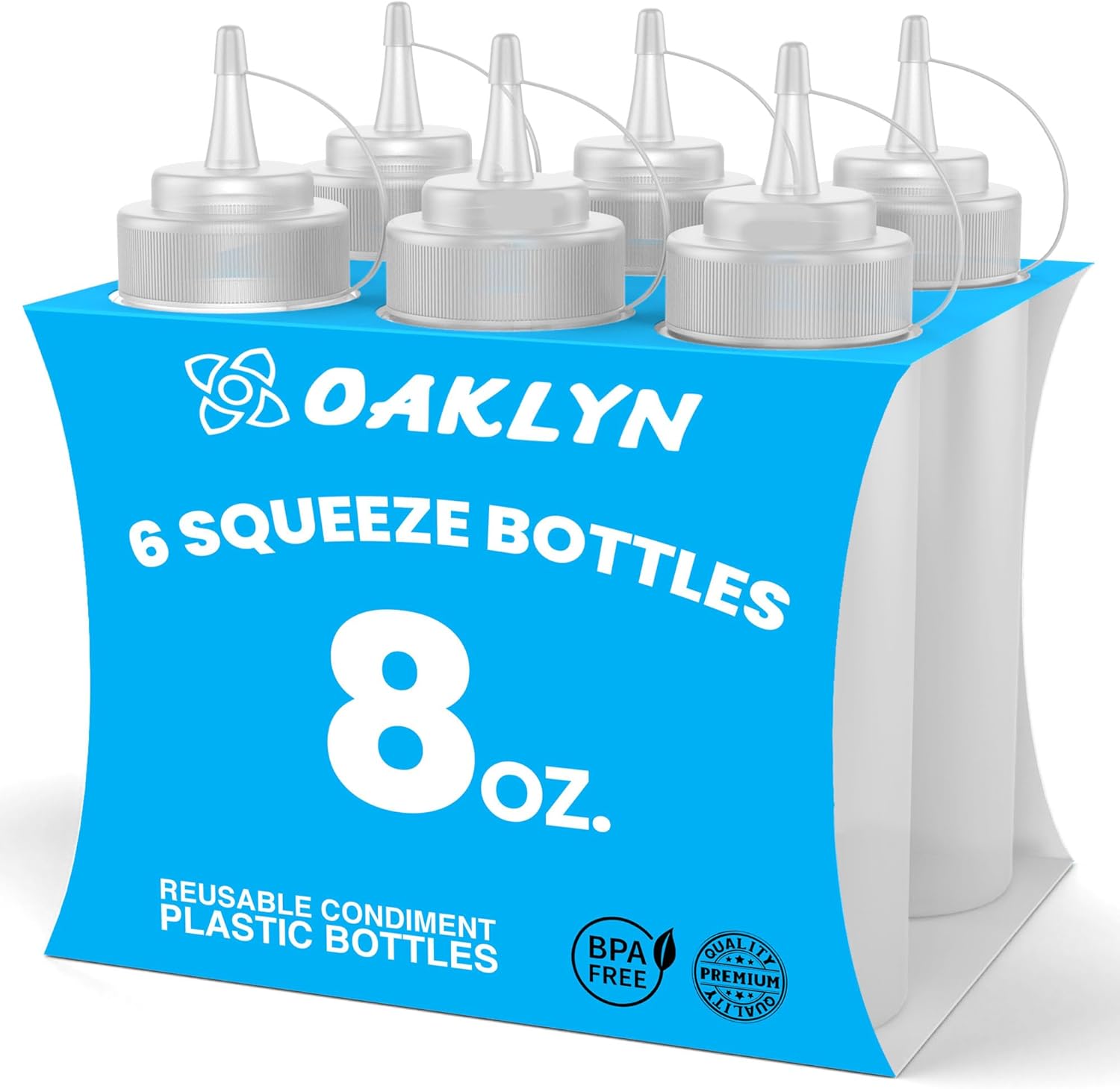 Oaklyn Squeeze Bottles 8oz 6 Pack - Reusable Condiment Bottles for Sauces Liquids BPA-Free Leak