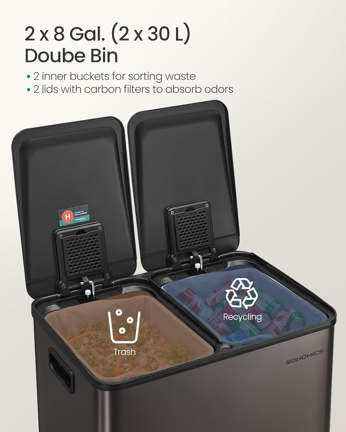 SONGMICS Trash Can, 2 x 8 Gallon (2 x 30 L) Dual-Compartment Garbage Can with Soft-Close Lid, Pedal