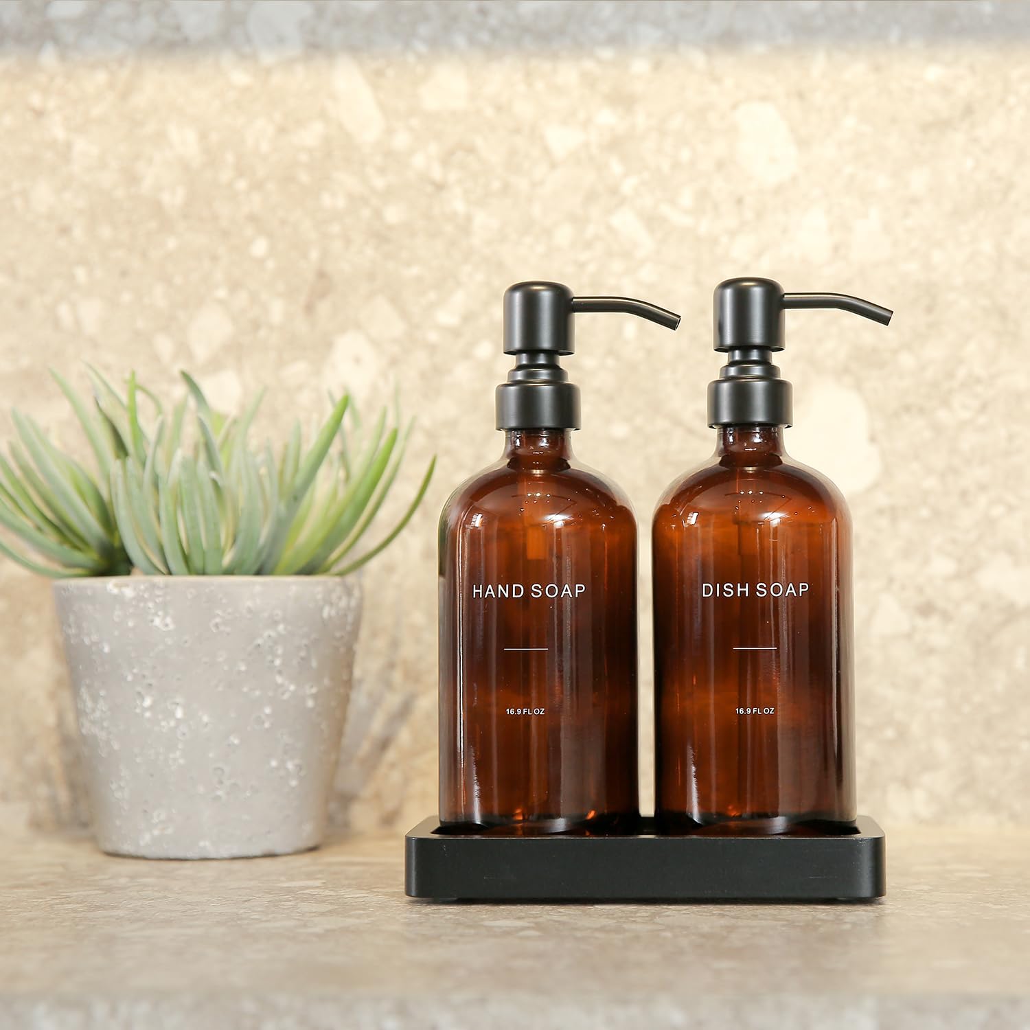 Amber Soap Dispenser Set, Soap Dispenser for Kitchen Sink with Black Stainless Steel Pump, Perfect