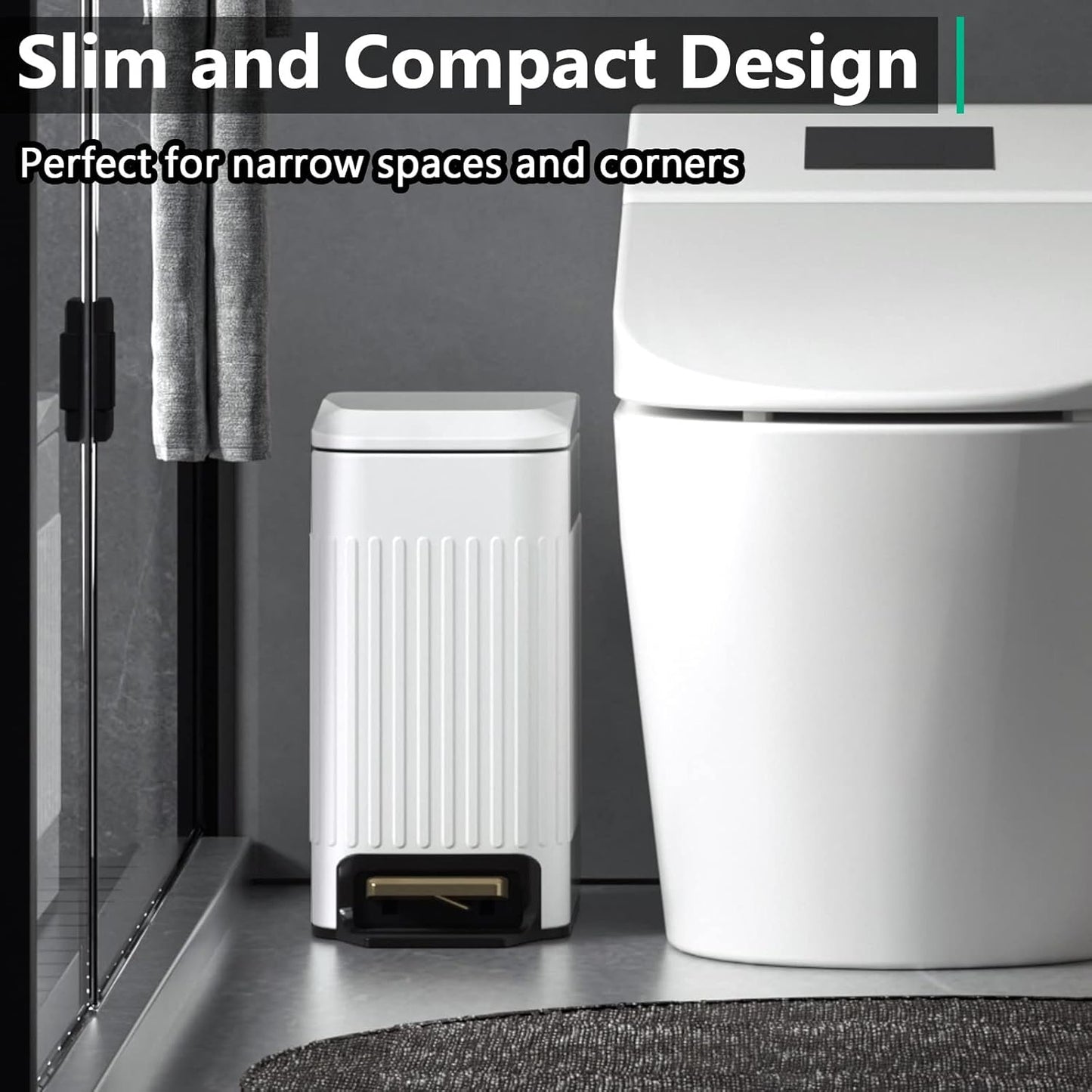 CEROELDA Small Bathroom Trash Can with Lid Soft Close-5L/1.3 Gal Slim Garbage Can-Metal Step