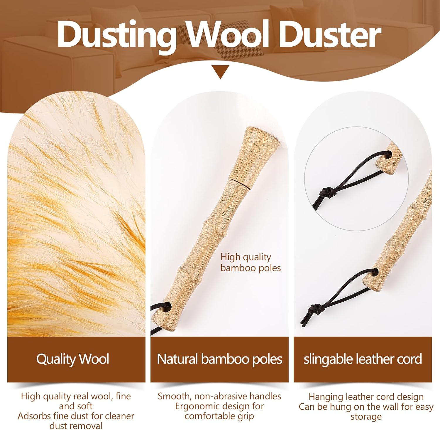 Lambswool Duster for Cleaning with Solid Wooden Handle Leather Hang Strap 14.9 inch Natural Feather