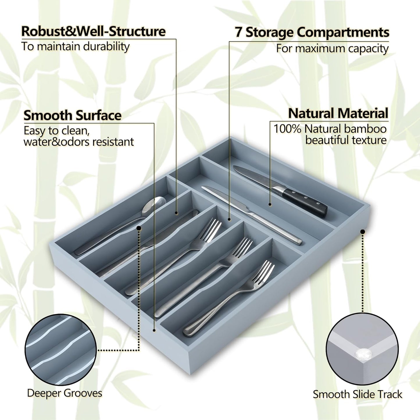Silverware Organizer, 12.5 Inch Utensil Organizer Kitchen Drawer Organizer Bamboo Silverware Holder