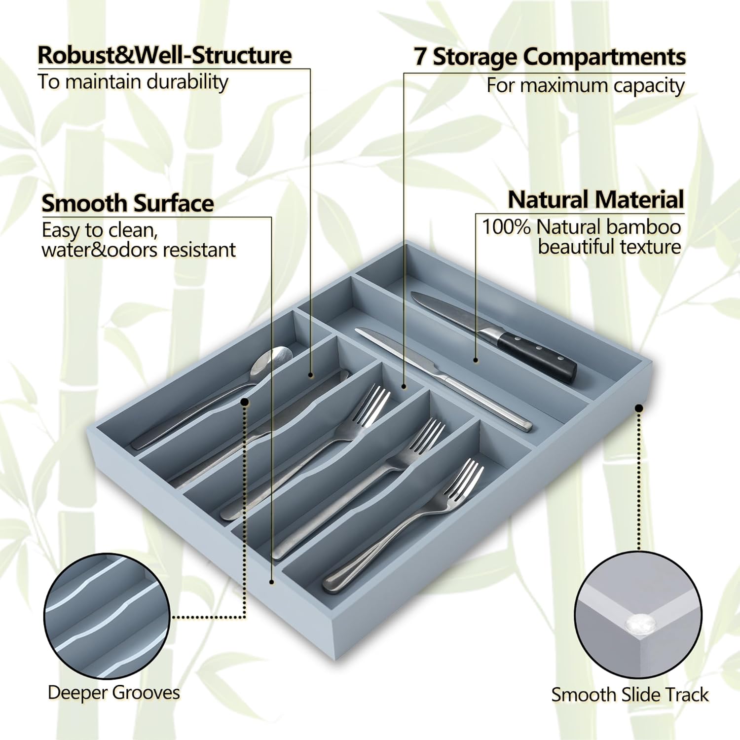 Silverware Organizer, 12.5 Inch Utensil Organizer Kitchen Drawer Organizer Bamboo Silverware Holder