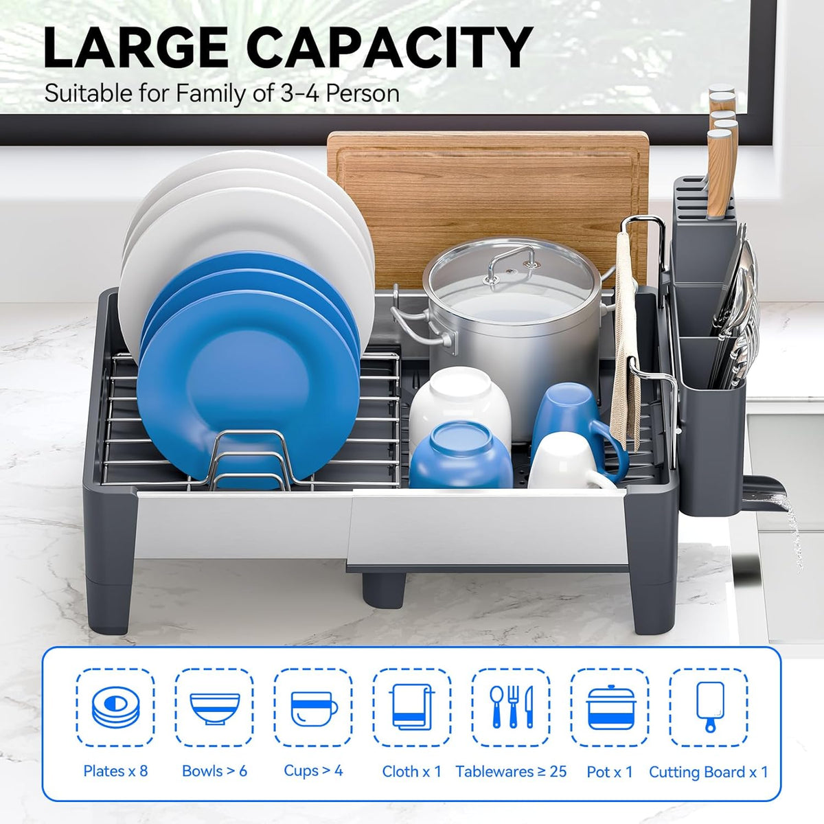 Expandable Dish Drying Rack, Stainless Steel Dish Rack with Aluminum Frame, Dish Drainer for