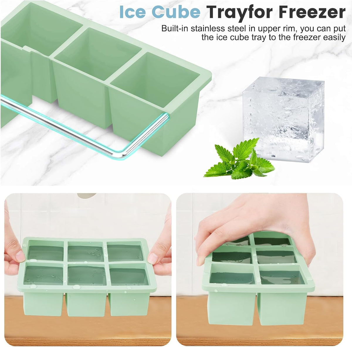 Large Silicone Ice Cube Tray 3Pack, SAWNZC Big Square Ice Cube Molds for Whisky Cocktail, Ice Maker